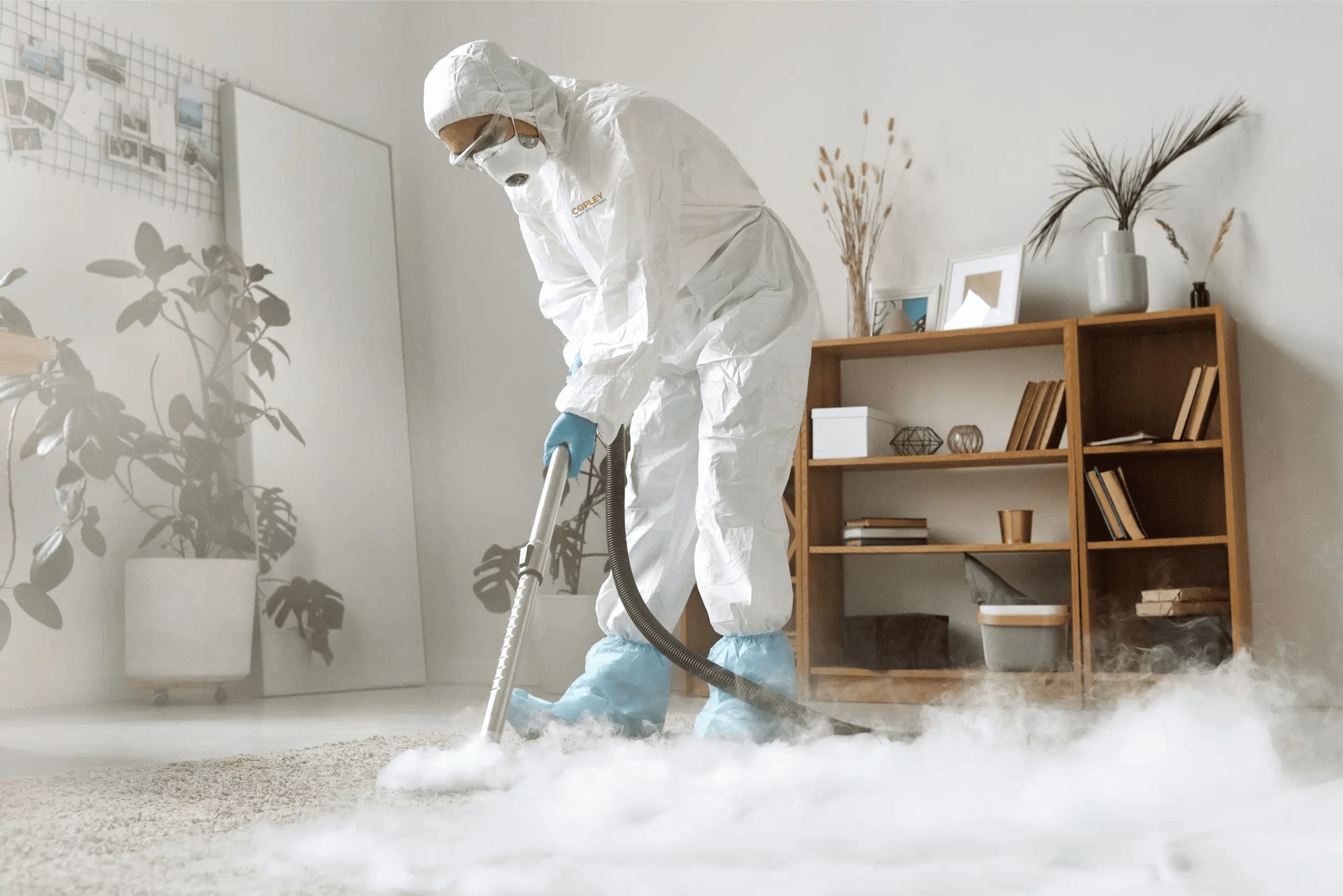 A pest controller in a hazmat suit carrying out bed bug control 
